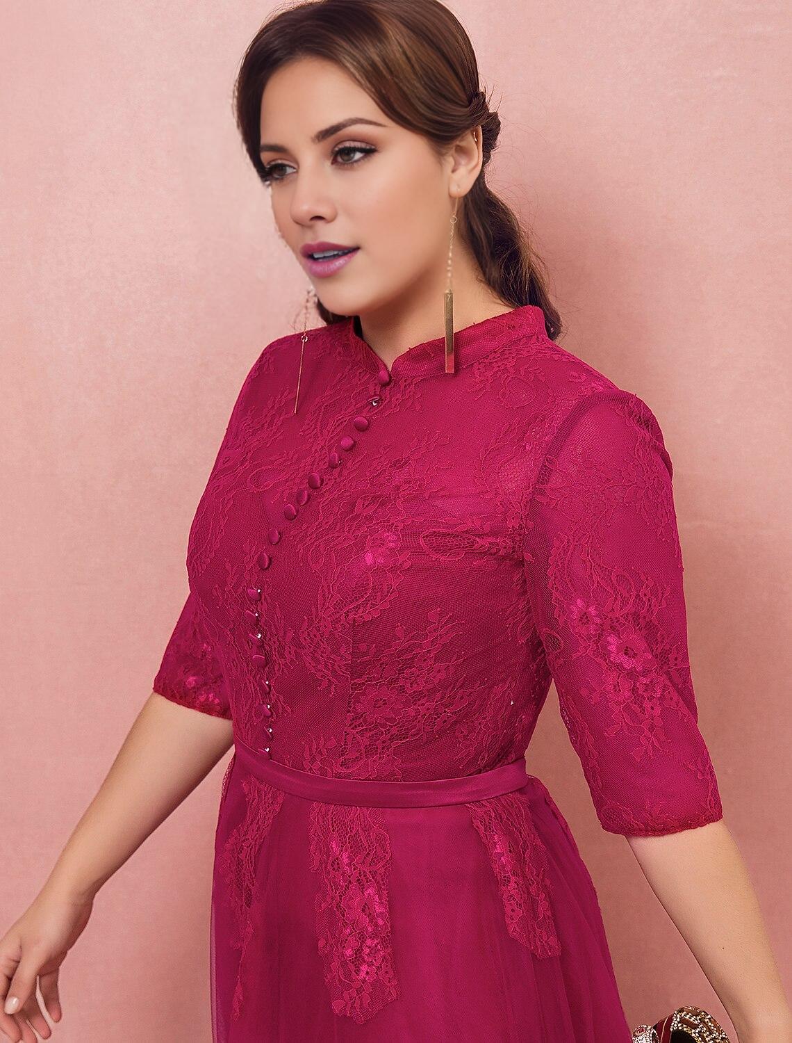 Elegant A-Line High Neck Half Sleeve Lace Formal Plus Size Gown.