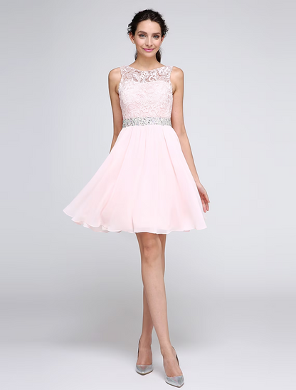 Elegant A-Line Illusion Neck V-Back Crystal Short Homecoming Dress.