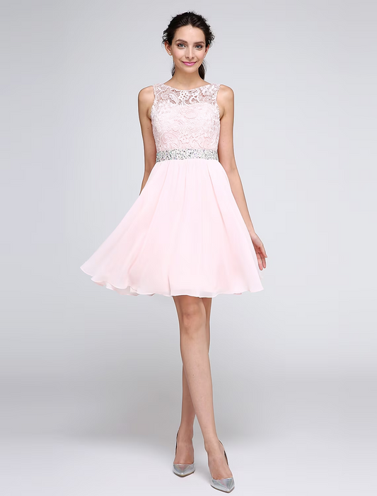 Elegant A-Line Illusion Neck V-Back Crystal Short Homecoming Dress.
