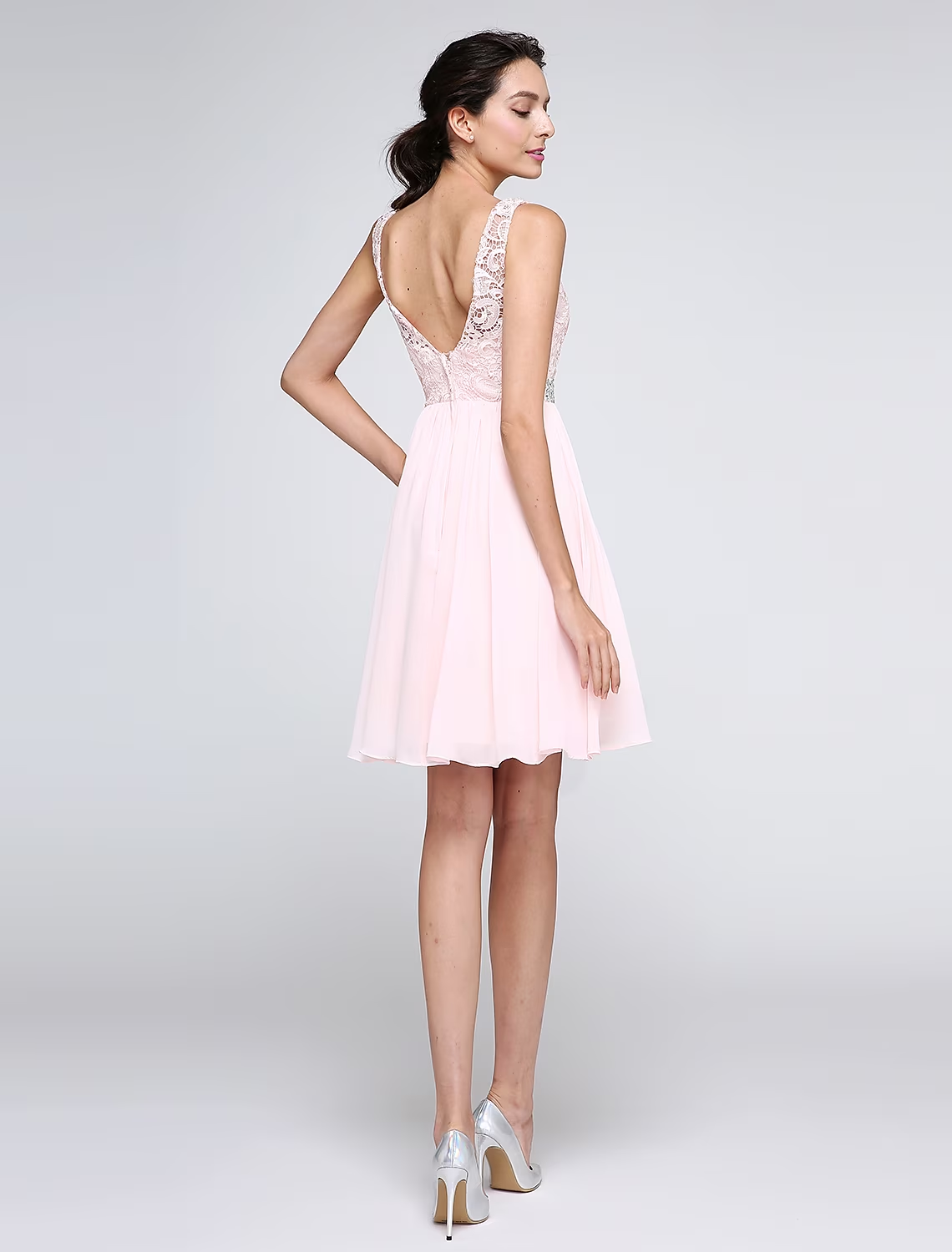 Elegant A-Line Illusion Neck V-Back Crystal Short Homecoming Dress.