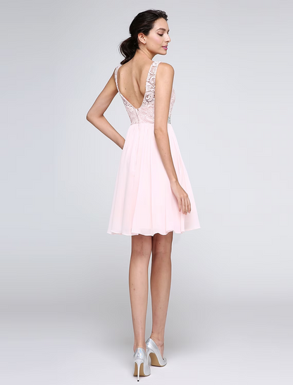 Elegant A-Line Illusion Neck V-Back Crystal Short Homecoming Dress.