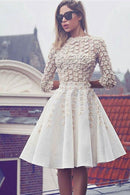 Elegant A-Line Lace 3/4 Sleeves Floral Short Knee-Length Homecoming Dress.