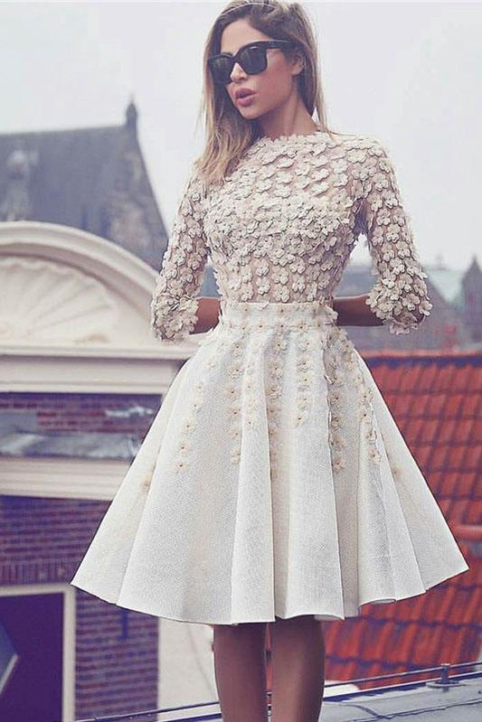 Elegant A-Line Lace 3/4 Sleeves Floral Short Knee-Length Homecoming Dress.
