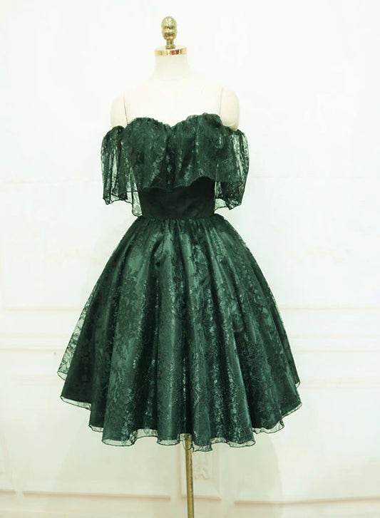 Elegant A-Line Off-Shoulder Lace Dark Green Short Party Homecoming Dress.