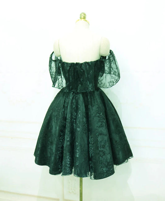 Elegant A-Line Off-Shoulder Lace Dark Green Short Party Homecoming Dress.