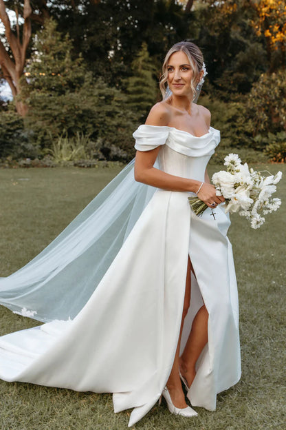 Elegant A-Line Off Shoulder Sweetheart Button Back Train Length Wedding Dress