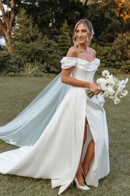 Elegant A-Line Off Shoulder Sweetheart Button Back Train Length Wedding Dress
