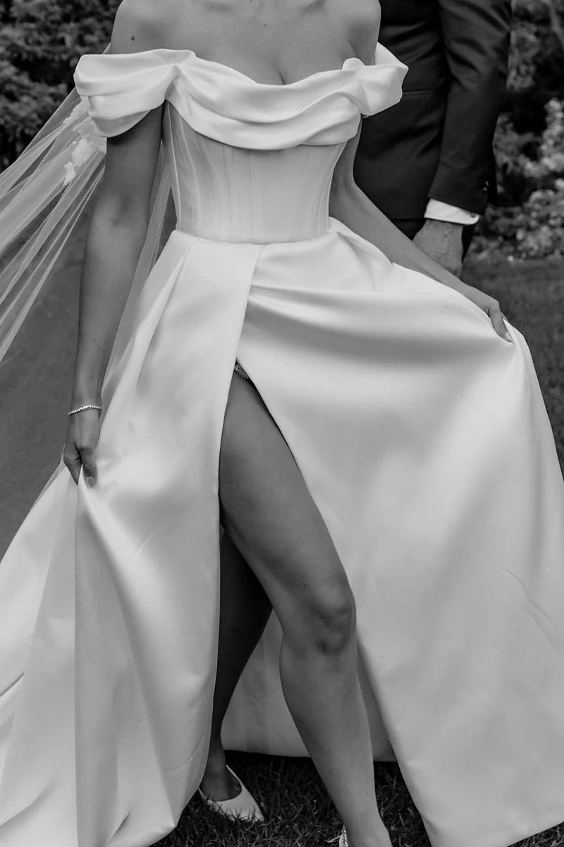 Elegant A-Line Off Shoulder Sweetheart Button Back Train Length Wedding Dress