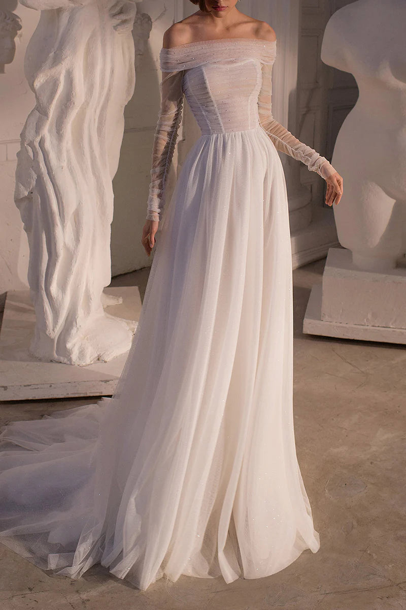 Elegant A-Line Off-the-Shoulder Long Sleeve Lace-Up Court Train Wedding Dress