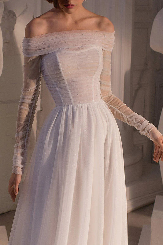 Elegant A-Line Off-the-Shoulder Long Sleeve Lace-Up Court Train Wedding Dress