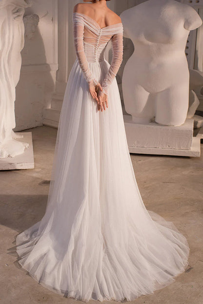 Elegant A-Line Off-the-Shoulder Long Sleeve Lace-Up Court Train Wedding Dress