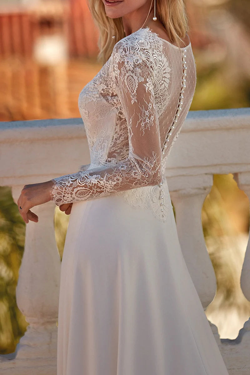 Elegant A-Line Plunge-V-Neck Long-Sleeve Open-Back Train-Length Wedding Dress