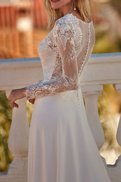 Elegant A-Line Plunge-V-Neck Long-Sleeve Open-Back Train-Length Wedding Dress