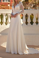 Elegant A-Line Plunge-V-Neck Long-Sleeve Open-Back Train-Length Wedding Dress