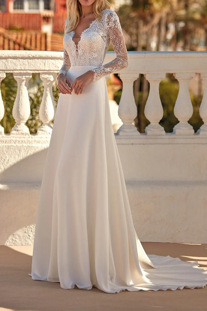 Elegant A-Line Plunge-V-Neck Long-Sleeve Open-Back Train-Length Wedding Dress