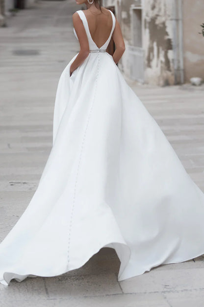 Elegant A-Line Plunge-V-Neck Sleeveless Open-Back Train-Length Wedding Dress