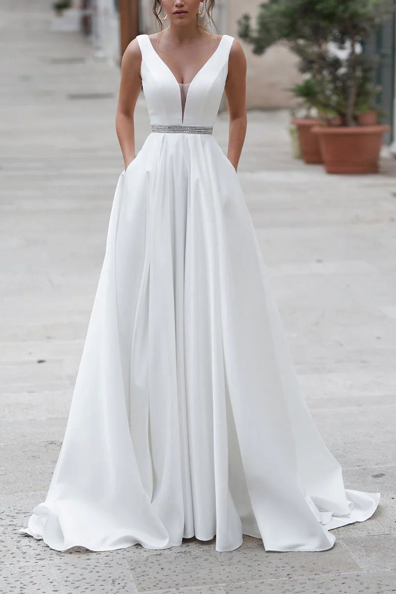 Elegant A-Line Plunge-V-Neck Sleeveless Open-Back Train-Length Wedding Dress