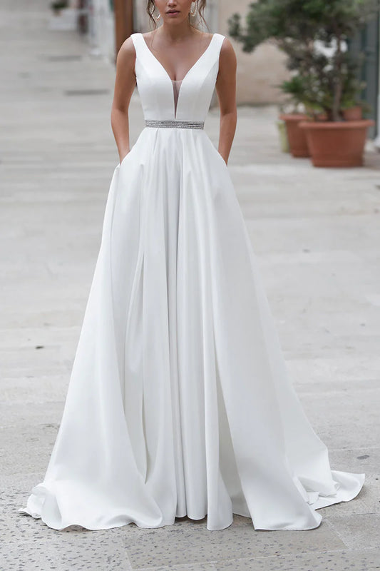 Elegant A-Line Plunge-V-Neck Sleeveless Open-Back Train-Length Wedding Dress