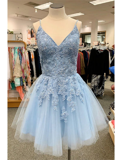 Elegant A-Line Spaghetti Strap Floral Applique Tulle Short Mini Homecoming Dress.