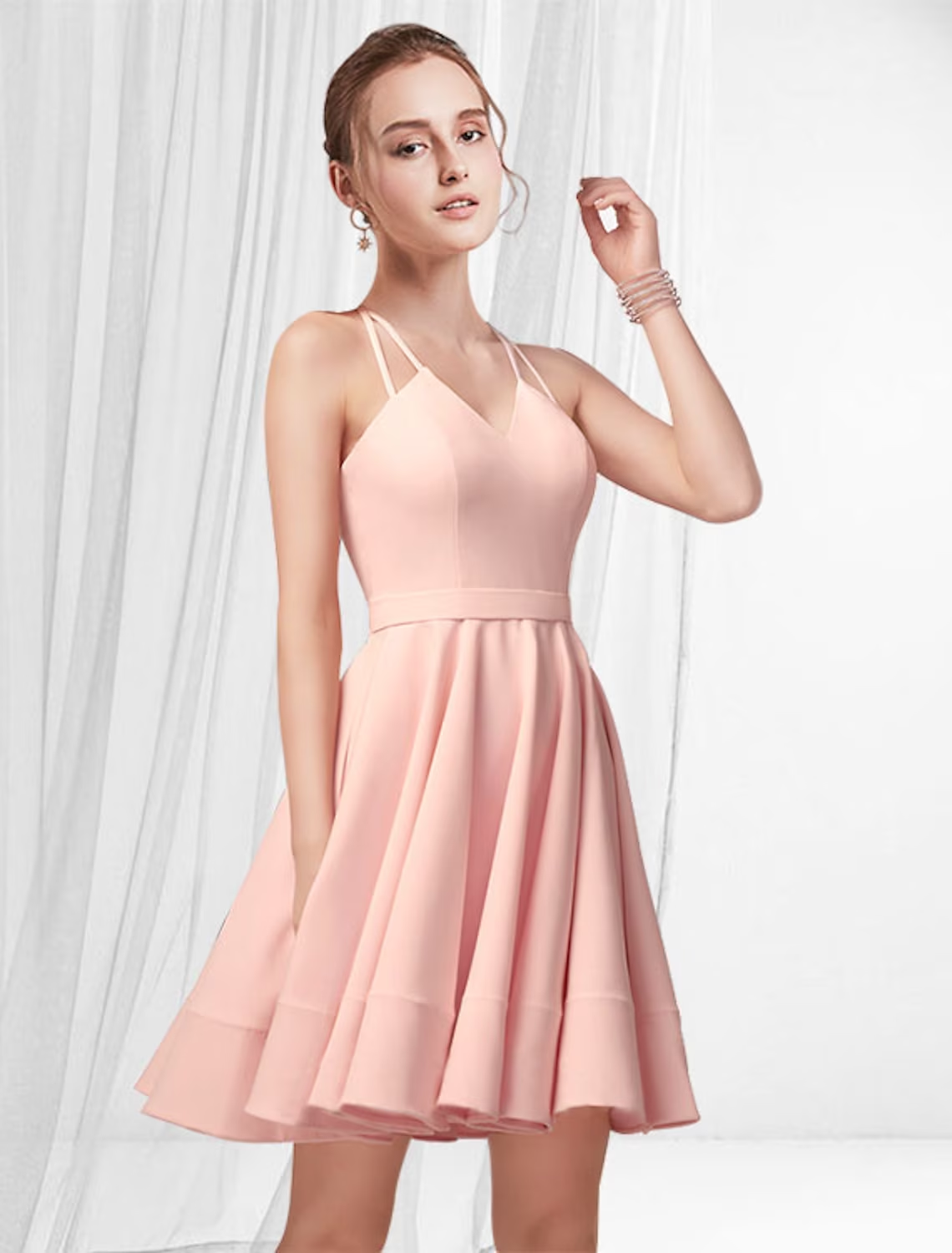 Elegant A-Line Spaghetti Strap Pleated Blush Short Mini Cocktail Dress.