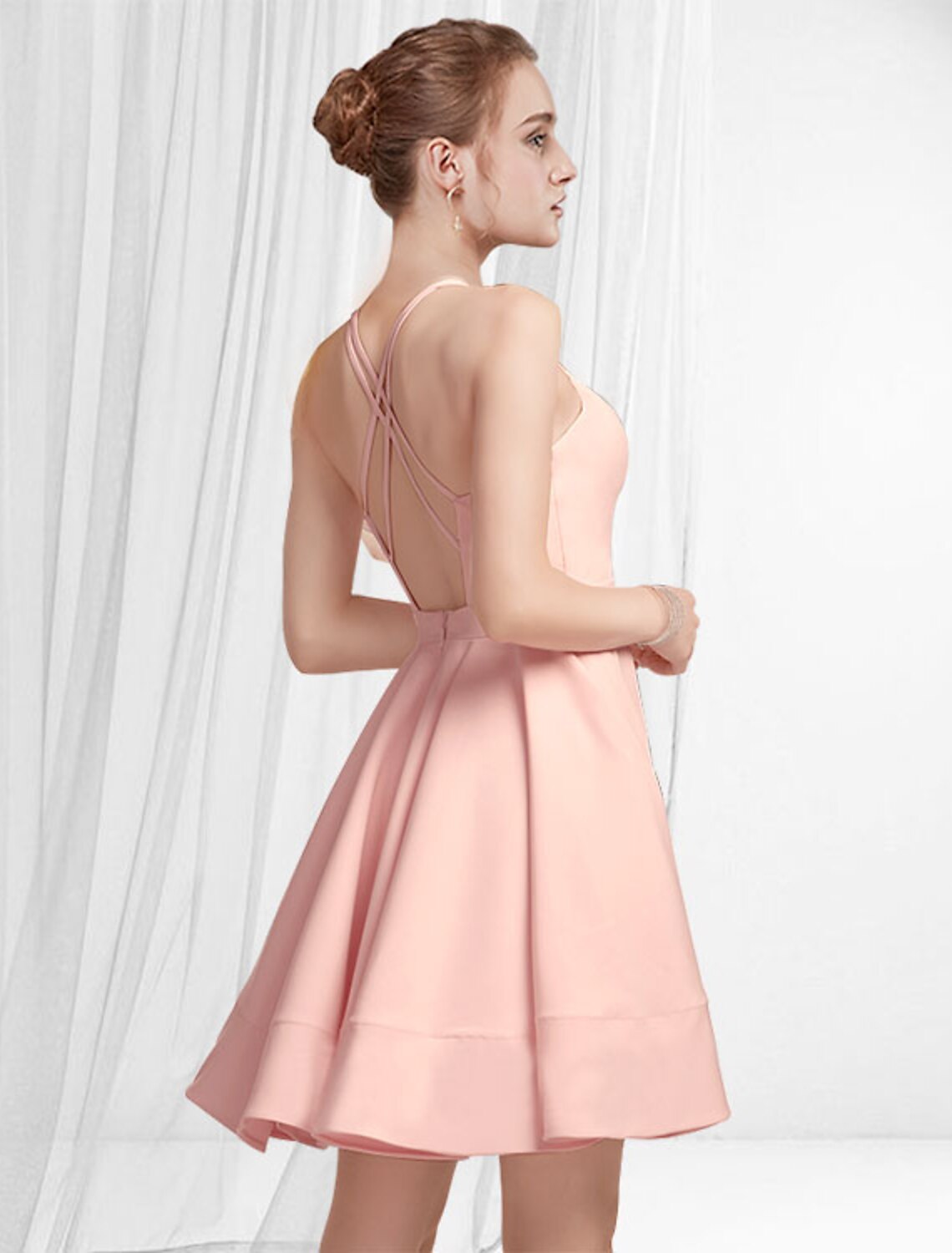 Elegant A-Line Spaghetti Strap Pleated Blush Short Mini Cocktail Dress.