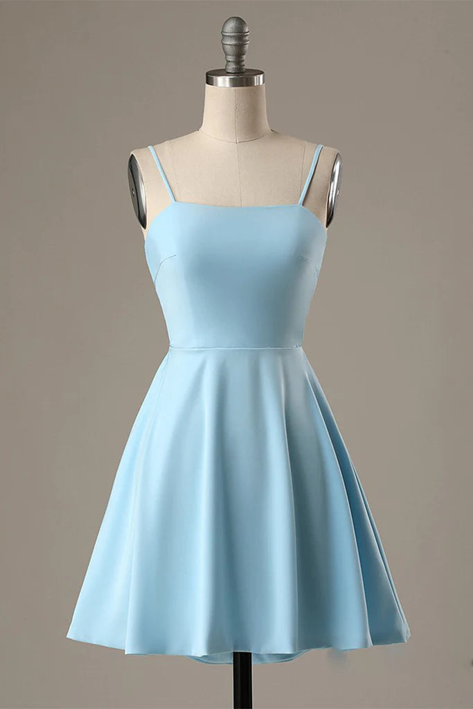 Elegant A-Line Spaghetti Straps Satin Blue Short Homecoming Dress.