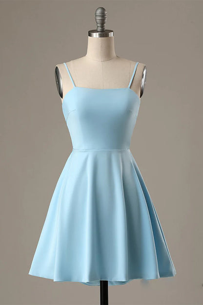 Elegant A-Line Spaghetti Straps Satin Blue Short Homecoming Dress.