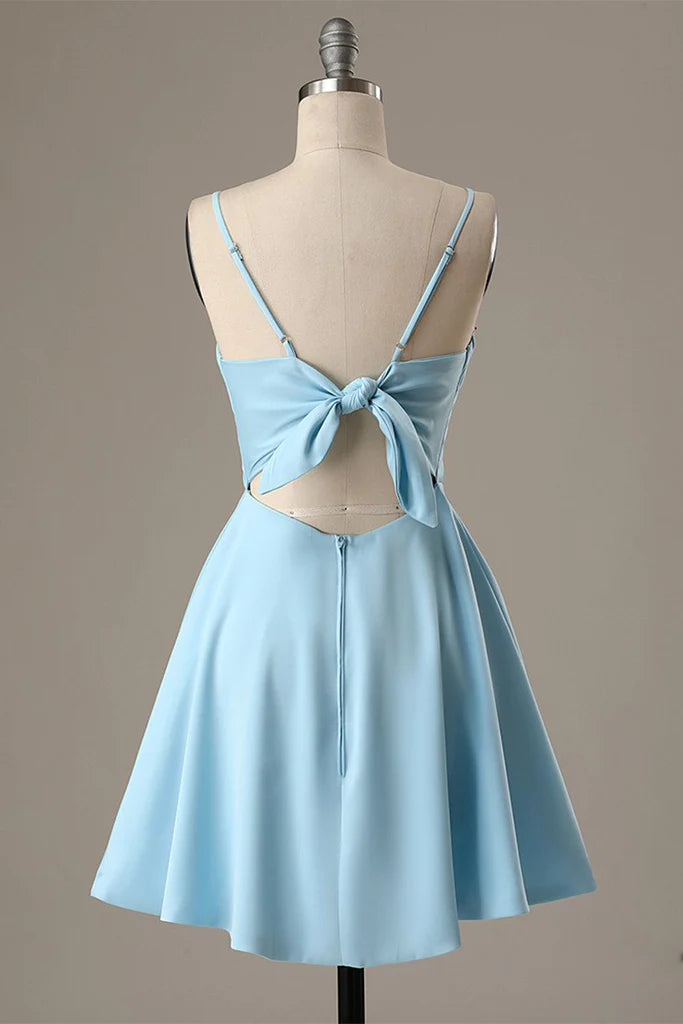 Elegant A-Line Spaghetti Straps Satin Blue Short Homecoming Dress.