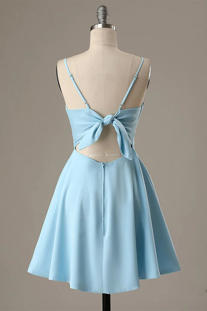 Elegant A-Line Spaghetti Straps Satin Blue Short Homecoming Dress.