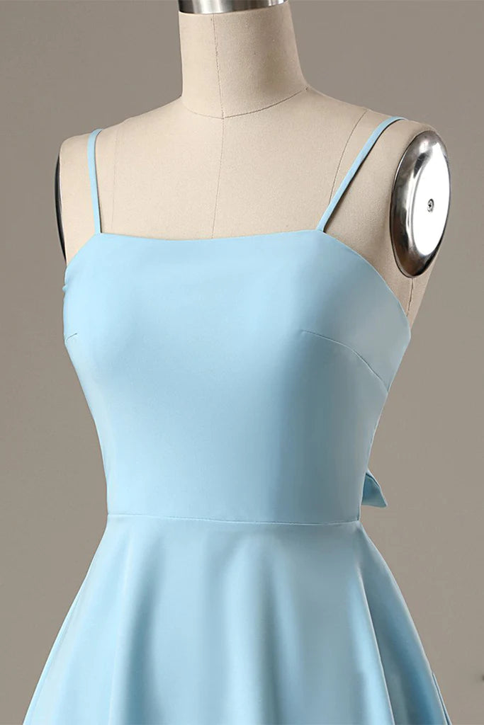Elegant A-Line Spaghetti Straps Satin Blue Short Homecoming Dress.
