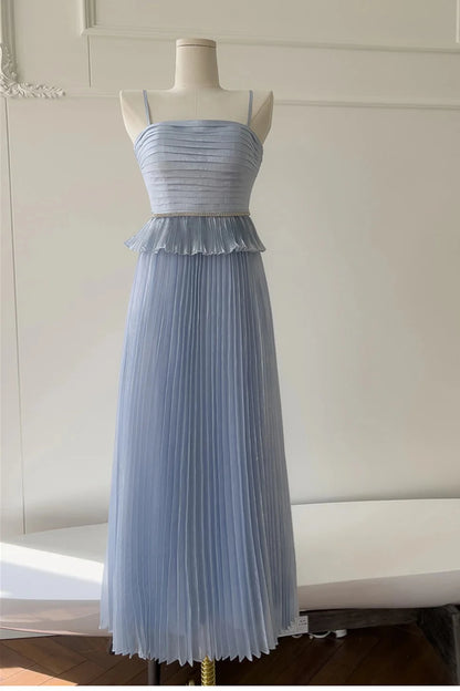 Elegant A-Line Spaghetti Straps V Neck Open Back Pleated Ruffle Ankle Length Light Blue Chiffon Evening Dresses