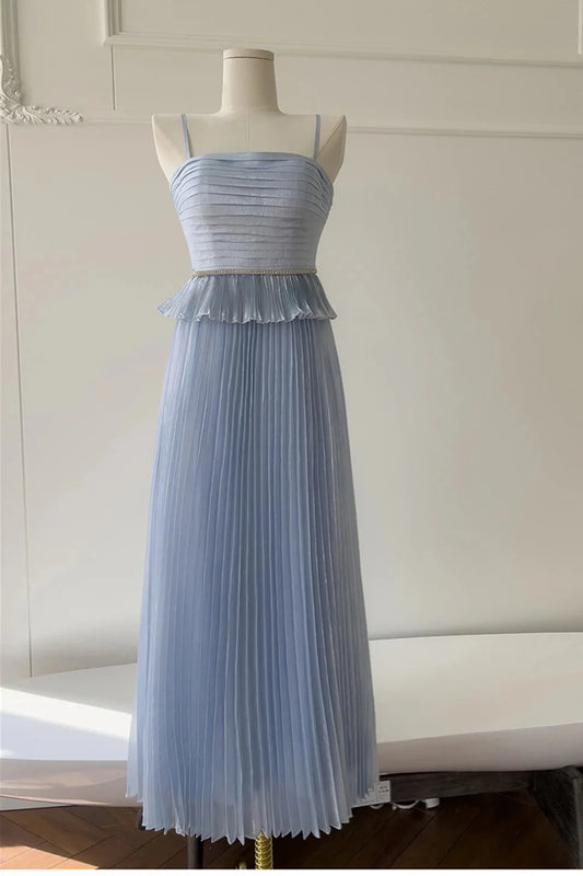 Elegant A-Line Spaghetti Straps V Neck Open Back Pleated Ruffle Ankle Length Light Blue Chiffon Evening Dresses