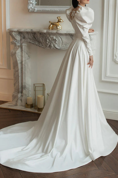 Elegant A-Line Square-Neck Puffed-Long-Sleeve Tie-Back Court Train Wedding Dress