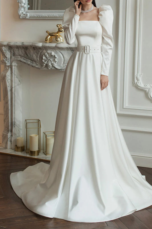 Elegant A-Line Square-Neck Puffed-Long-Sleeve Tie-Back Court Train Wedding Dress