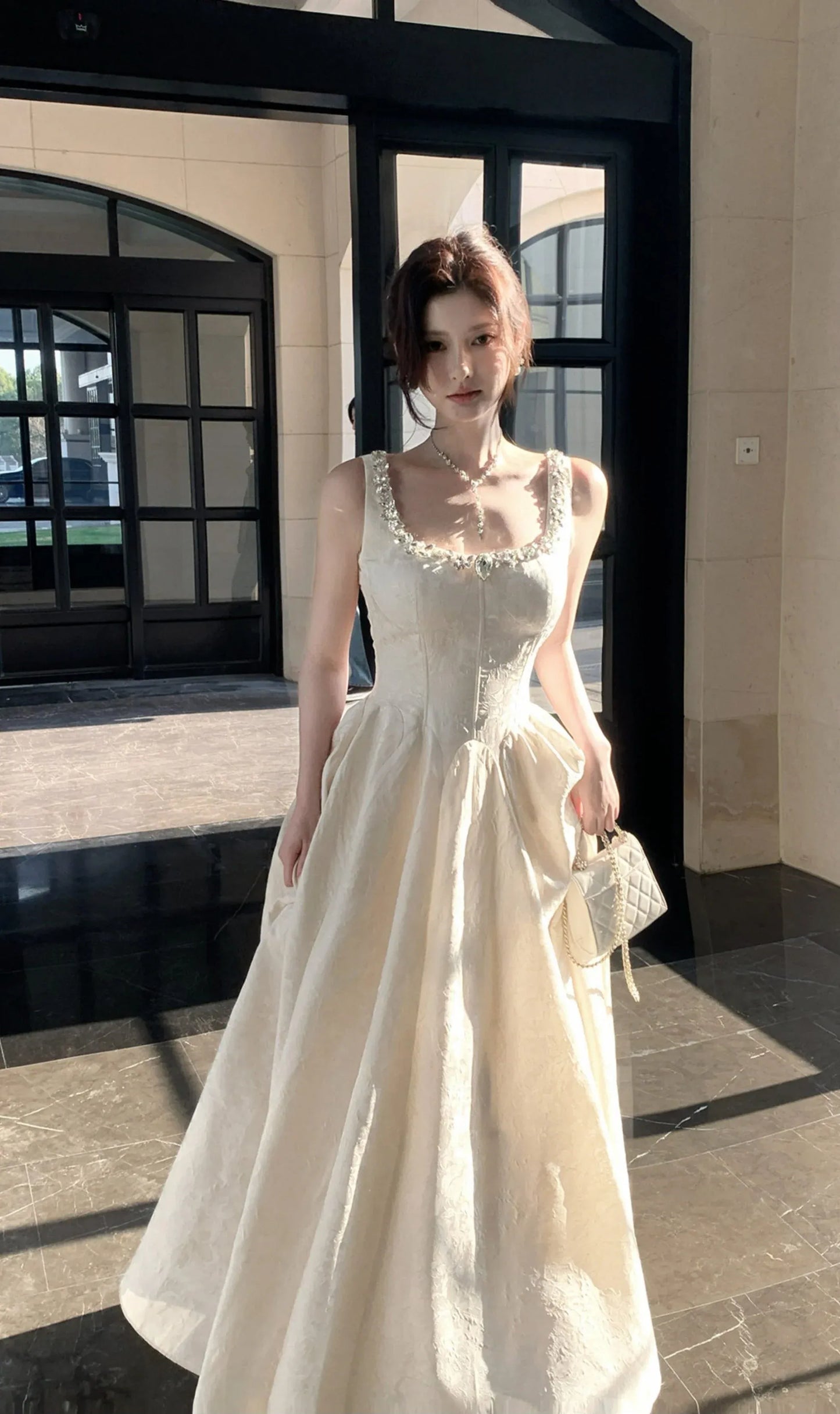 Elegant A-Line Square Neck Rhinestone Jacquard Champagne Floor-Length Prom Dress.