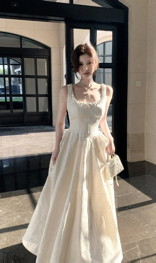 Elegant A-Line Square Neck Rhinestone Jacquard Champagne Floor-Length Prom Dress.