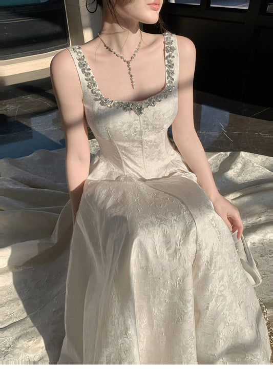 Elegant A-Line Square Neck Rhinestone Jacquard Champagne Floor-Length Prom Dress.