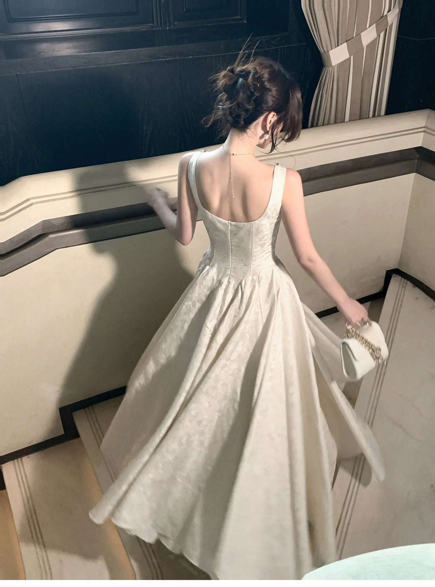 Elegant A-Line Square Neck Rhinestone Jacquard Champagne Floor-Length Prom Dress.