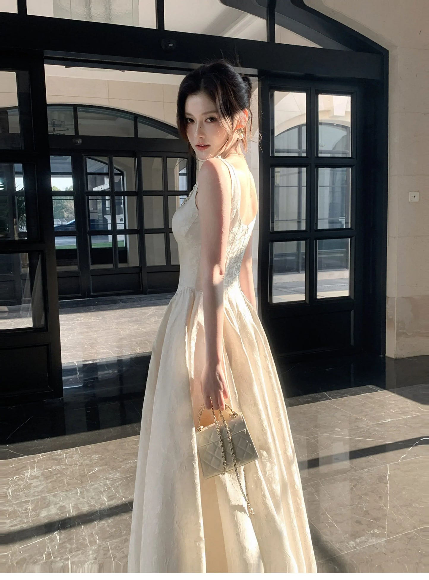 Elegant A-Line Square Neck Rhinestone Jacquard Champagne Floor-Length Prom Dress.