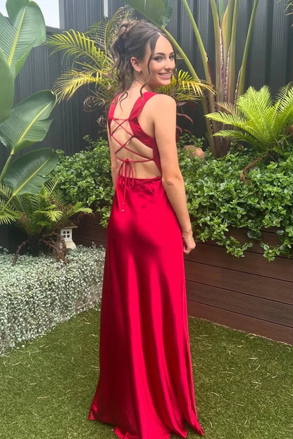 Elegant A-Line Square-Neck Sleeveless Lace-Up-Back High-Slit Maxi Evening Dress