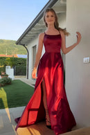 Elegant A-Line Square-Neck Spaghetti-Strap Crisscross-Back High-Slit Train Evening Dress