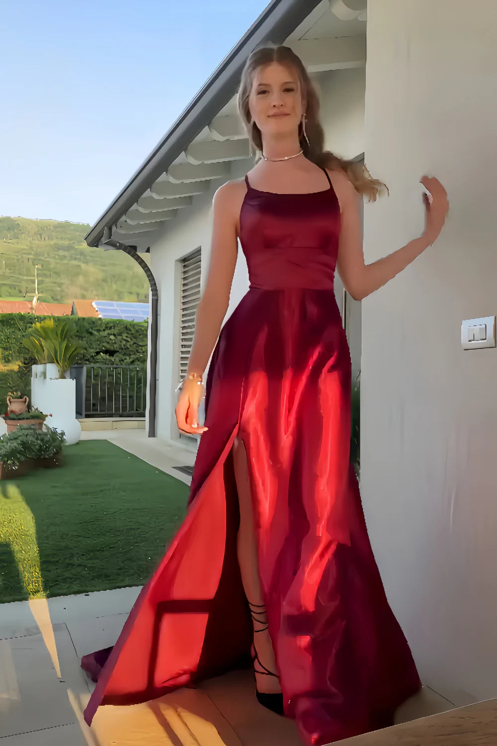Elegant A-Line Square-Neck Spaghetti-Strap Crisscross-Back High-Slit Train Evening Dress