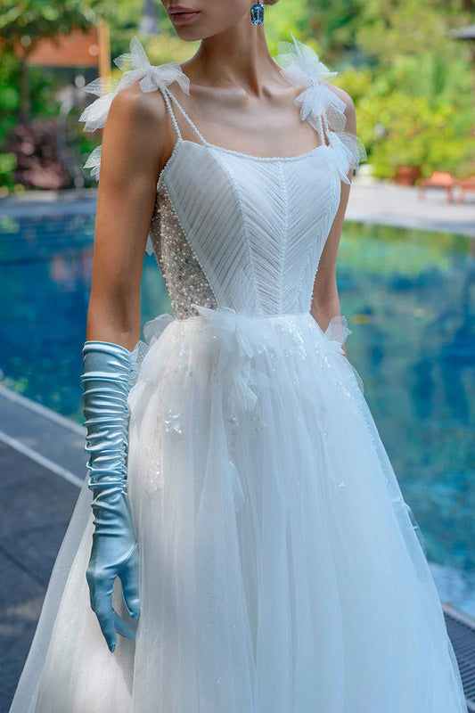 Elegant A-Line Square Neck Spaghetti Strap Open Back Court Train Wedding Dress