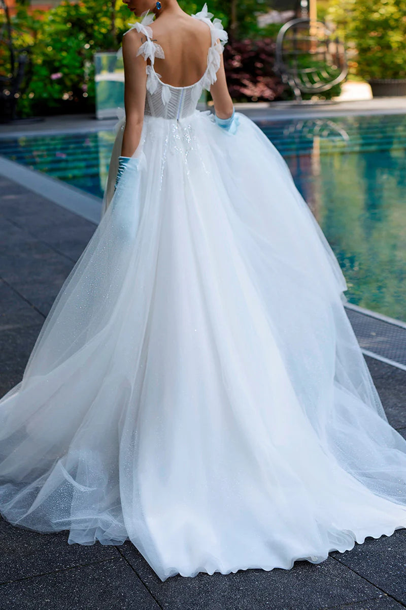 Elegant A-Line Square Neck Spaghetti Strap Open Back Court Train Wedding Dress