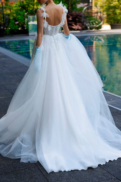 Elegant A-Line Square Neck Spaghetti Strap Open Back Court Train Wedding Dress