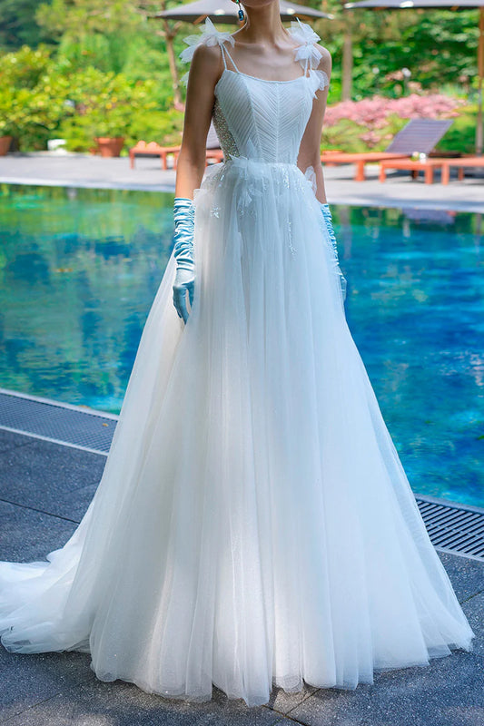 Elegant A-Line Square Neck Spaghetti Strap Open Back Court Train Wedding Dress