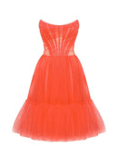 Elegant A-Line Strapless Corset Tulle Pleated Aqua Knee-Length Homecoming Dress.