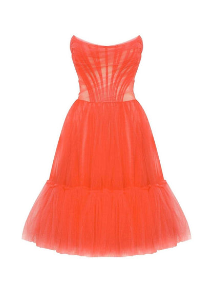 Elegant A-Line Strapless Corset Tulle Pleated Aqua Knee-Length Homecoming Dress.