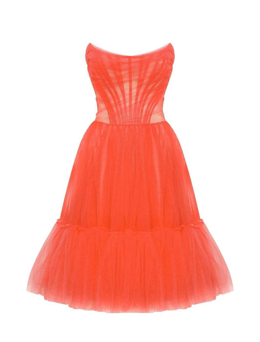 Elegant A-Line Strapless Corset Tulle Pleated Aqua Knee-Length Homecoming Dress.