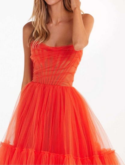 Elegant A-Line Strapless Corset Tulle Pleated Aqua Knee-Length Homecoming Dress.
